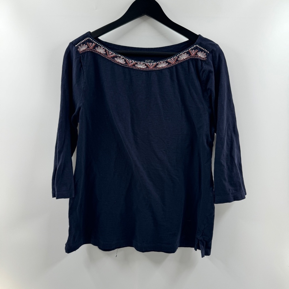 Ann Taylor Loft Navy Blue Boat Neck Embroidered Top Women’s Quarter Sleeve
